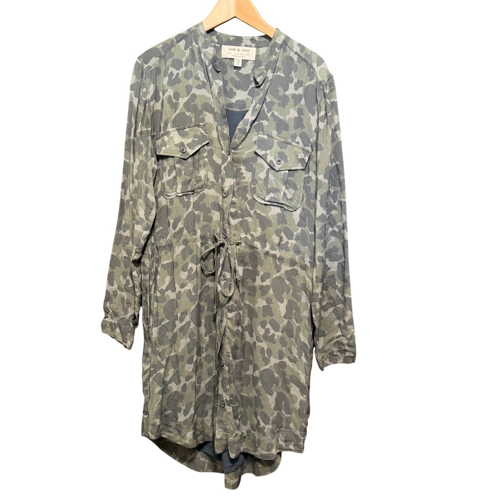 Cloth & Stone Anthropologie Camo Shirt Dress Green XS Button Front Utility Mini